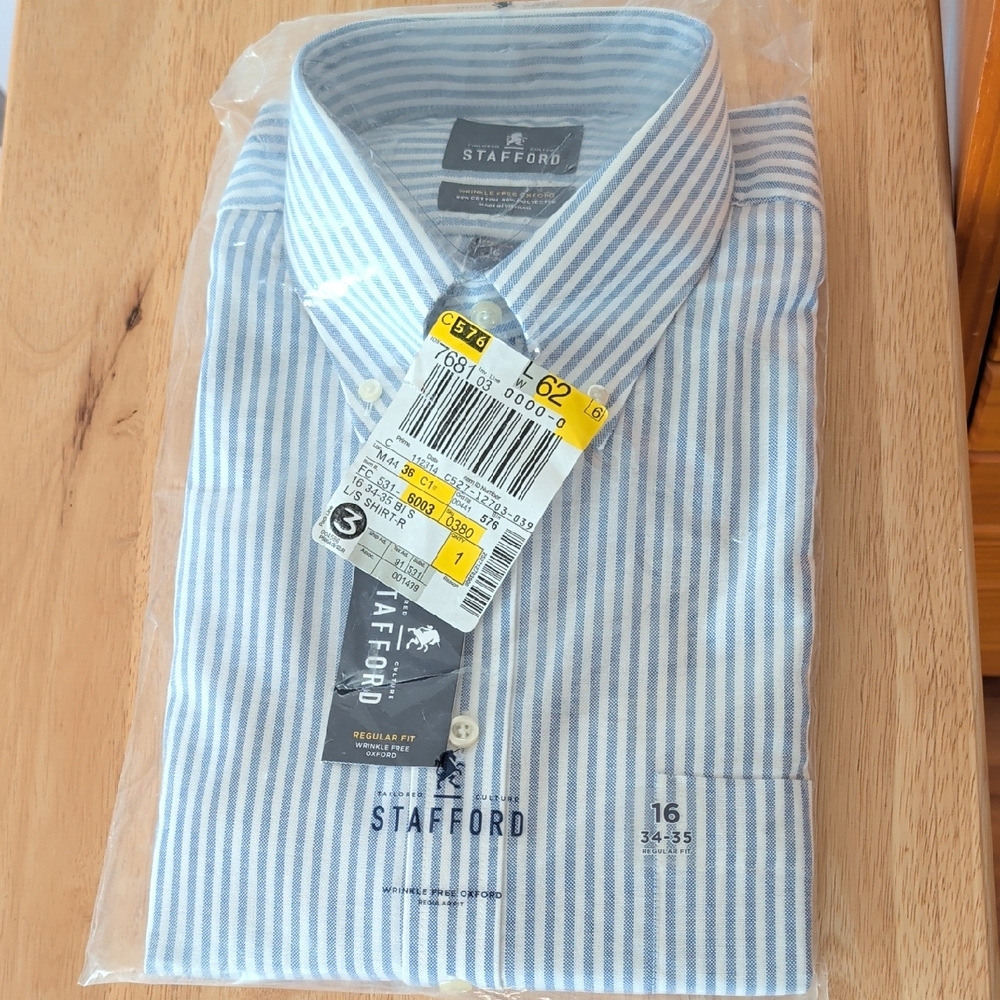 NWT Stafford Blue Pinstripe Wrinkle Free Oxford Button Down Shirt 16 34/35